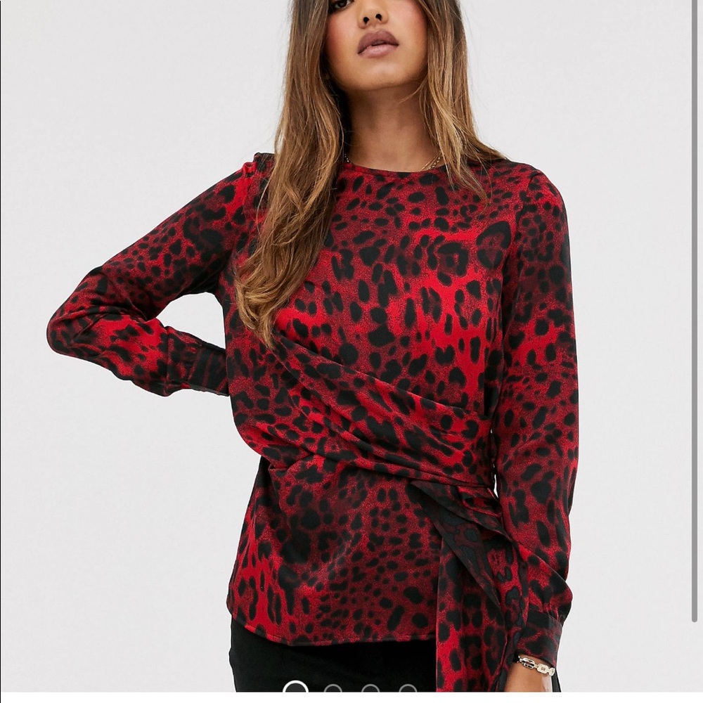Unique21 Leopard print long sleeve tie front blouse